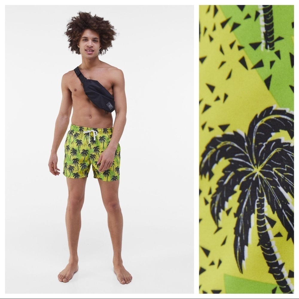 🌹NWT. Bershka Man Palm Tree Print Swimming Trunks. Size L.
